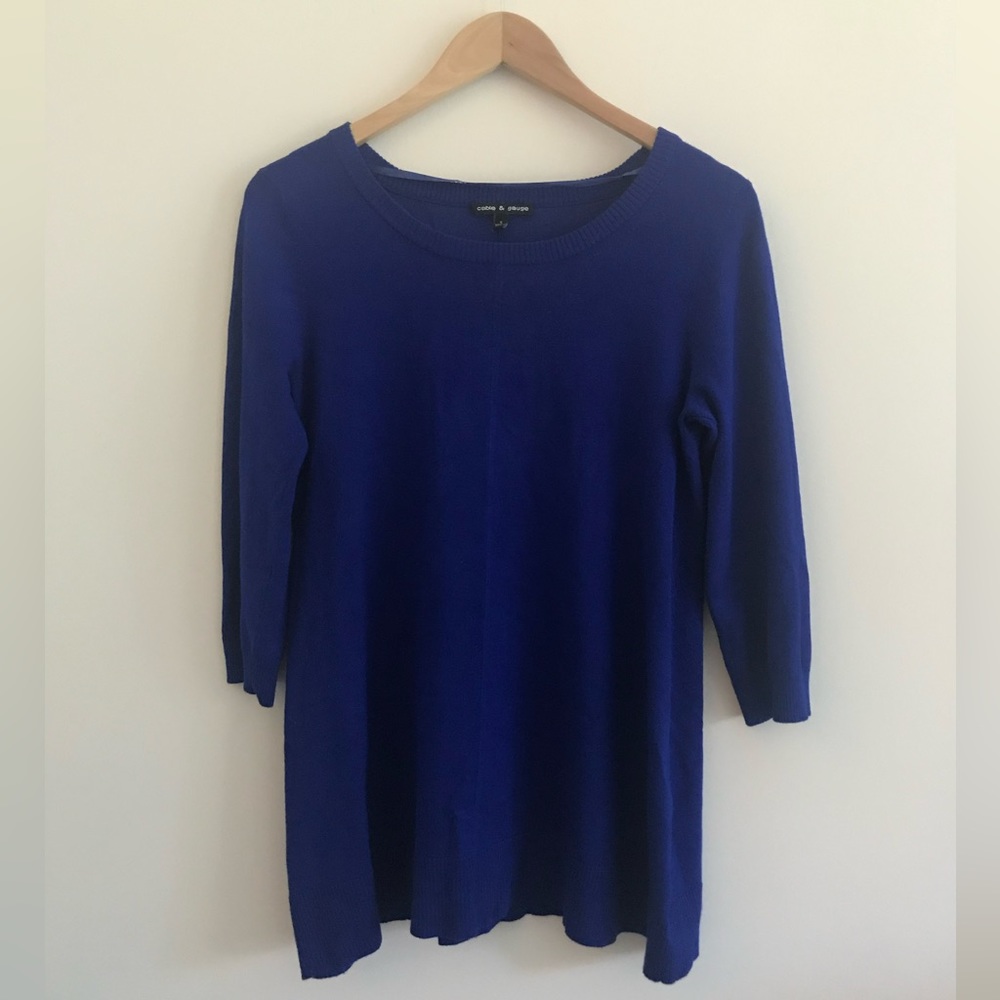 Cable & Gauge Womens Cobalt Blue Sweater. Crew Neck, 3/4 sleeves, High Low Hem S